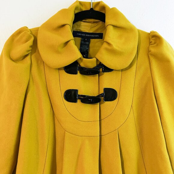 FRENCH CONNECTION Y2K Twee Puff Sleeve Mod Cashmere Wool Blend Yellow Pea Coat - Picture 3 of 11